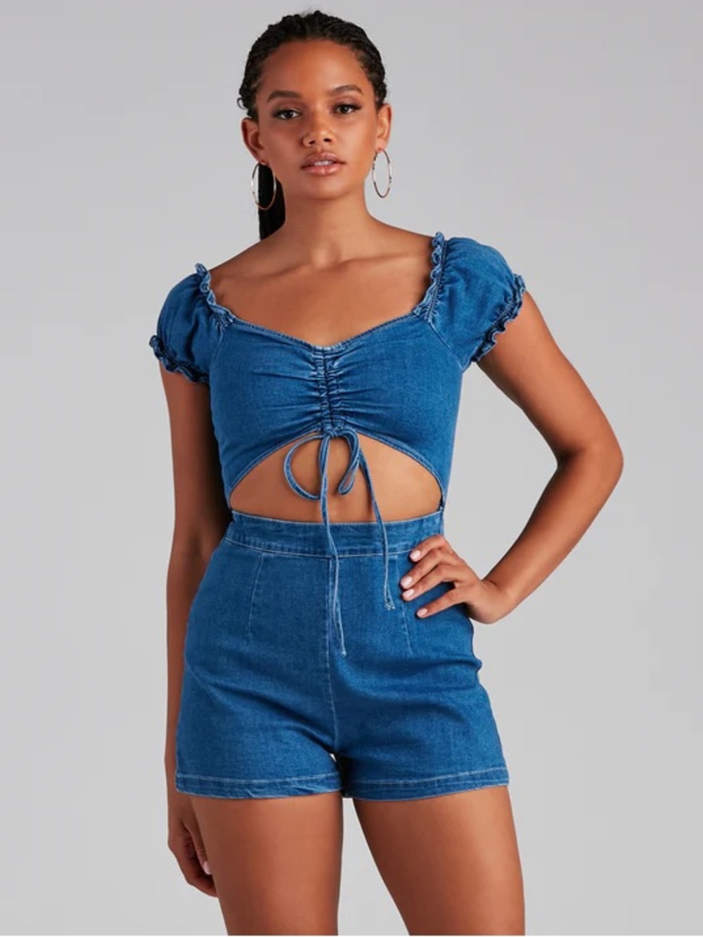 SHEIN Blue Denim Romper Off The Shoulder Cap Sleeve With Tie Size Large